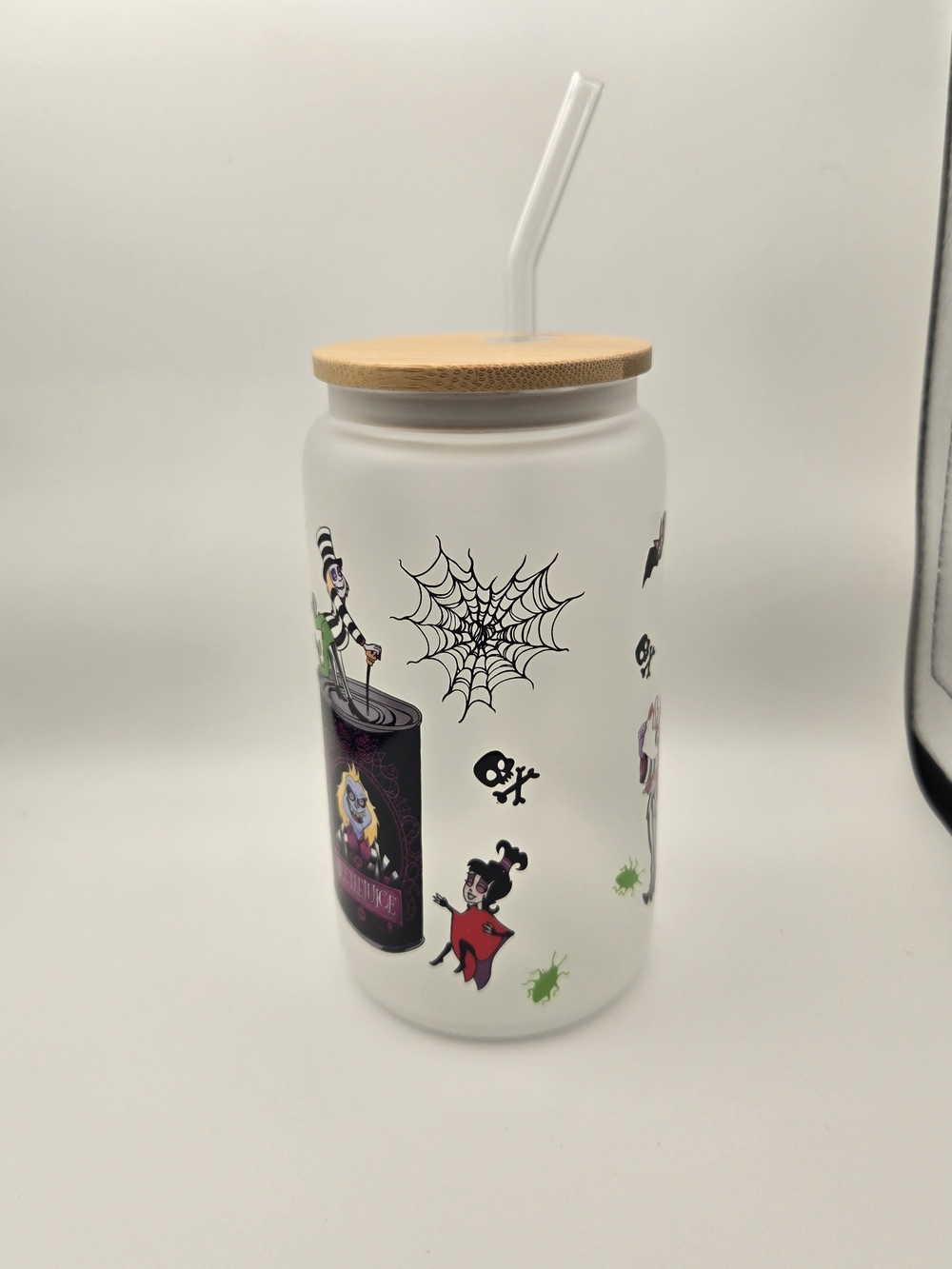 Halloween Beetle Juice-Themed Frosted Jar Tumbler with Straw 16oz - Picture 4 of 5
